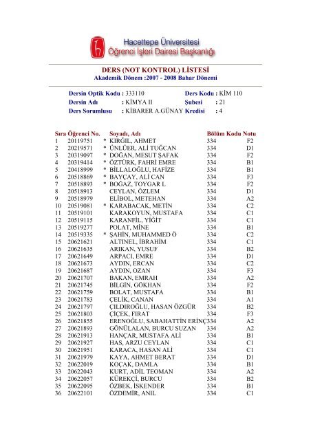 DERS (NOT KONTROL) LİSTESİ