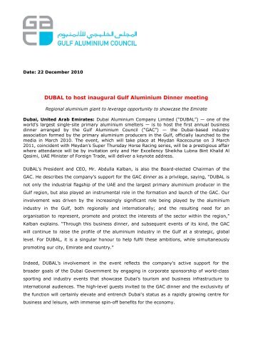 DUBAL to host inaugural Gulf Aluminium Dinner meeting