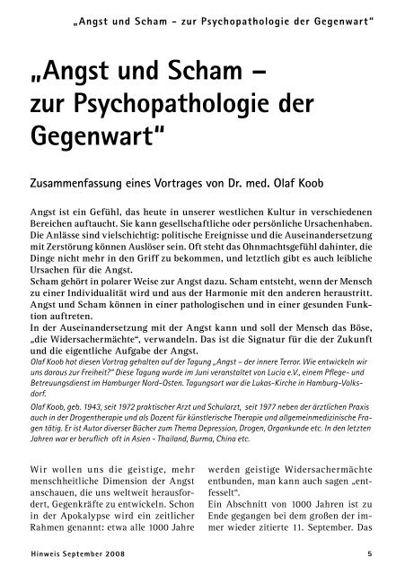 hinweis „Angst und Scham - zur Psychopathologie der Gegenwart“