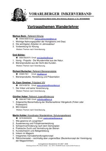 VORARLBERGER IMKERVERBAND Vortragsthemen Wanderlehrer