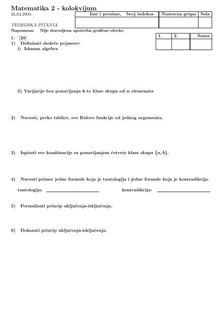 Matematika 2 - kolokvijum