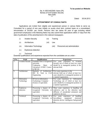 appointment of consultants - Bureau of Civil Aviation Security