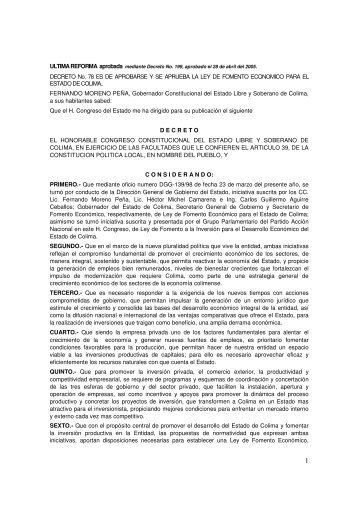 Ley de Fomento Economico - Gobierno del Estado de Colima