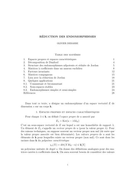 RÉDUCTION DES ENDOMORPHISMES Table des mati`eres 1 ...