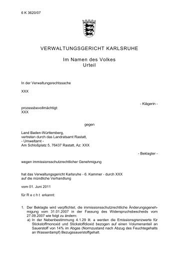 VERWALTUNGSGERICHT KARLSRUHE Im Namen des Volkes Urteil