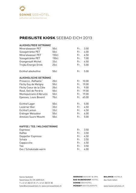 PREISLISTE KIOSK SEEBAD EICH 2013 - Balance Hotels
