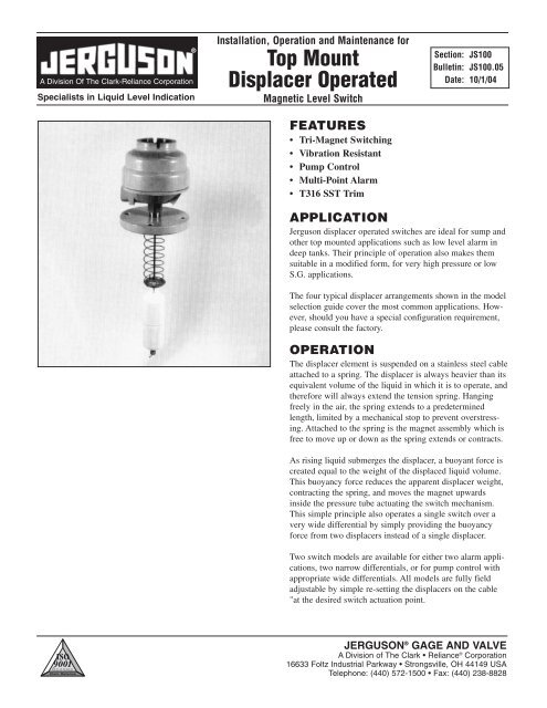 Top Mount Displacer Operated Level Switch - Clark Reliance