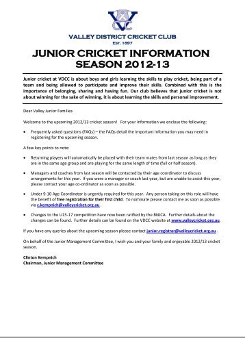 JUNIOR CRICKET INFORMATION SEASON 2012-13