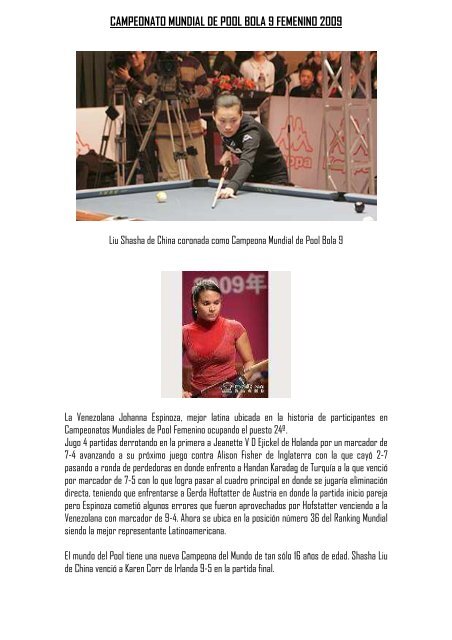 CAMPEONATO MUNDIAL DE POOL BOLA 9 FEMENINO 2009