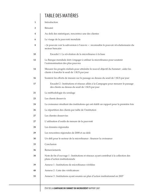 ÉTAT DE LA CAMPAGNE DU SOMMET DU MICROCRÉDIT RAPPORT 2007 - Le ...