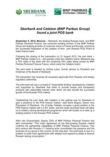 Sberbank and Cetelem (BNP Paribas Group) found a joint POS bank