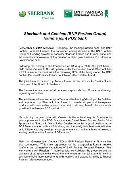 Sberbank and Cetelem (BNP Paribas Group) found a joint POS bank