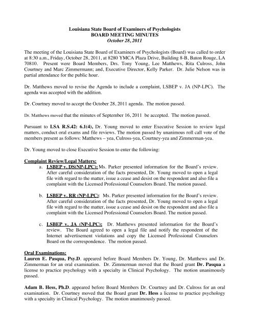 DRAFT 10-28-11 Minutes.doccx - Louisiana State Board of ...