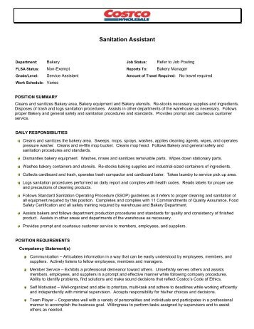 Sanitation Assistant - Bakery - Costco