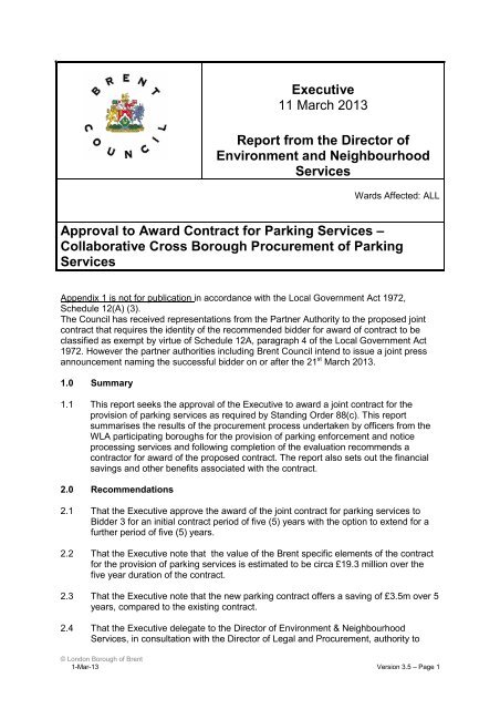 Approval to award contract for Parking Services - Brent Council