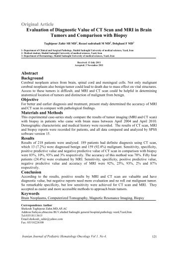 Evaluation of Diagnostic Value of CT Scan and MRI in Brain Tumors ...