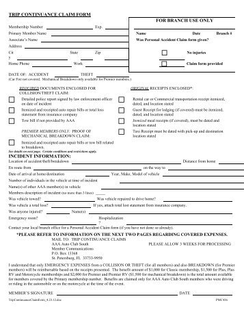 Trip continuance claim form for branch use only - AAA