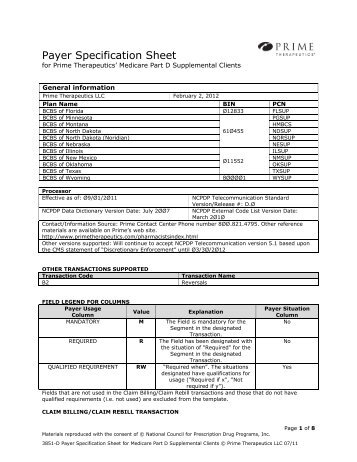 Payer Specification Sheet - Prime Therapeutics