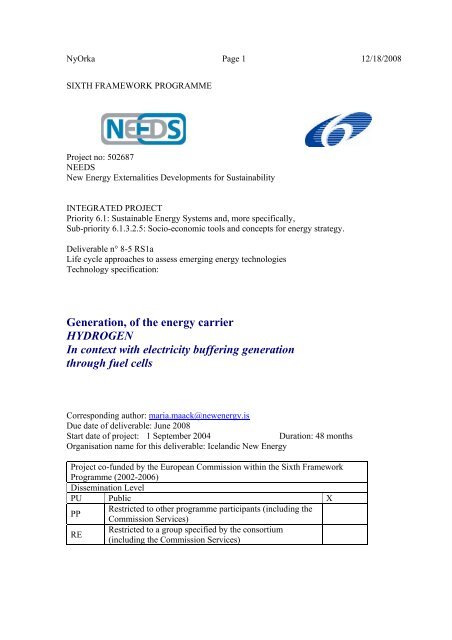 Generation, of the energy carrier HYDROGEN In context ... - needs