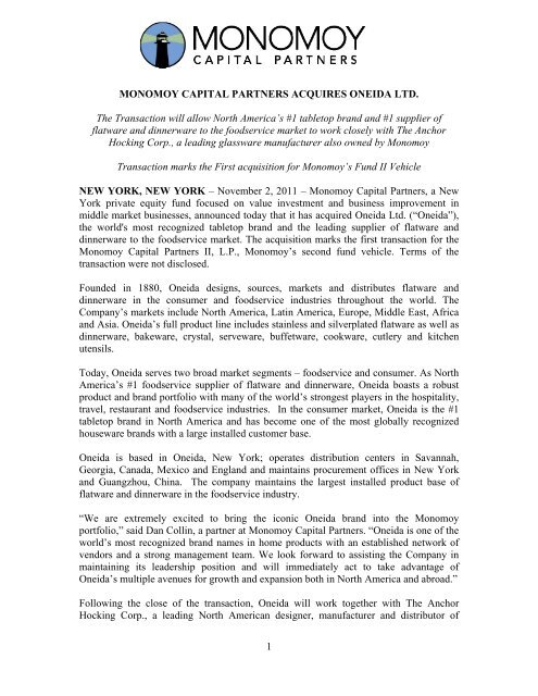1 Monomoy Capital Partners Acquires Oneida Ltd The