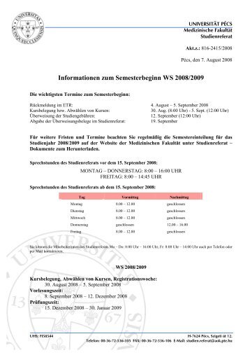 Informationen zum Semesterbeginn WS 2008/2009