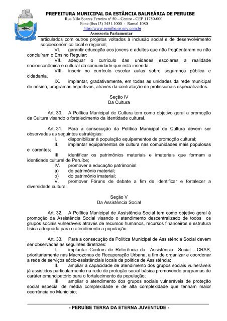 Lei Complementar n°100/07 - Plano Diretor - Prefeitura de Peruíbe