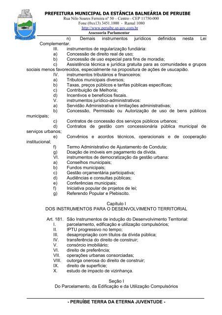 Lei Complementar n°100/07 - Plano Diretor - Prefeitura de Peruíbe