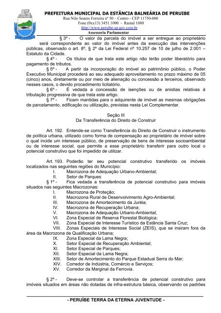 Lei Complementar n°100/07 - Plano Diretor - Prefeitura de Peruíbe