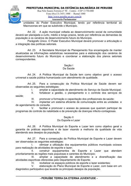 Lei Complementar n°100/07 - Plano Diretor - Prefeitura de Peruíbe