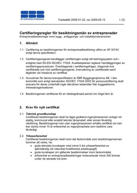 Kravspecifikation för certifiering av entreprenadbesiktningsman - Sitac