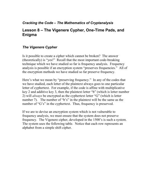 Lesson 8 The Vigenere Cypher One Time Pads And Enigma