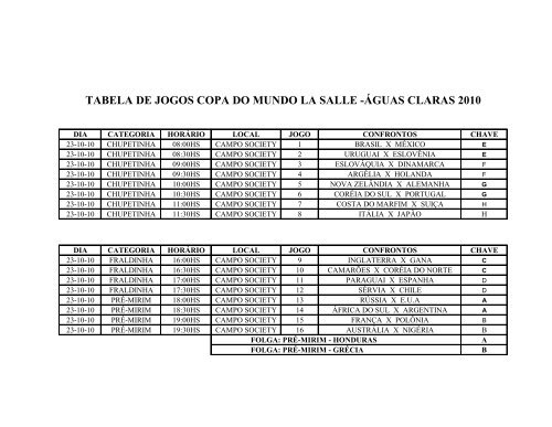 tabela de jogos copa do mundo la salle -Ã¡guas claras 2010