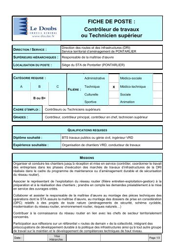 Fiche de poste contrÃ´leur de travaux ou technicien supÃ©rieur