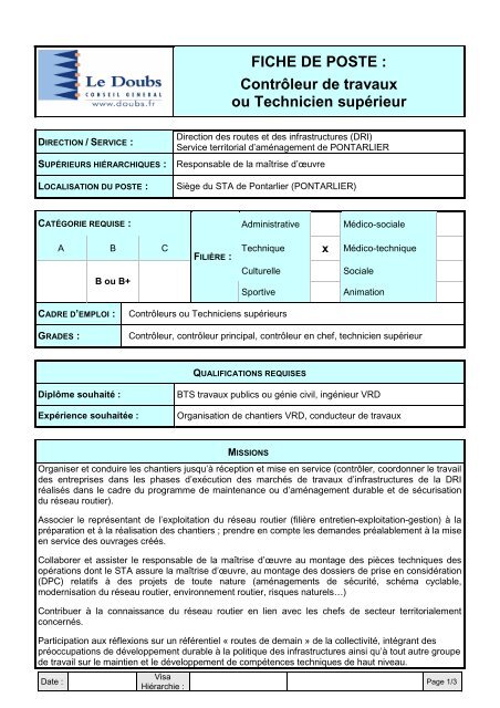 Fiche de poste contrÃ´leur de travaux ou technicien supÃ©rieur
