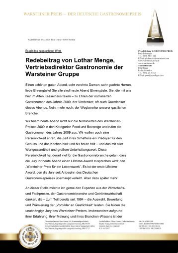 Redebeitrag von Lothar Menge, Vertriebsdirektor ... - Warsteiner Preis