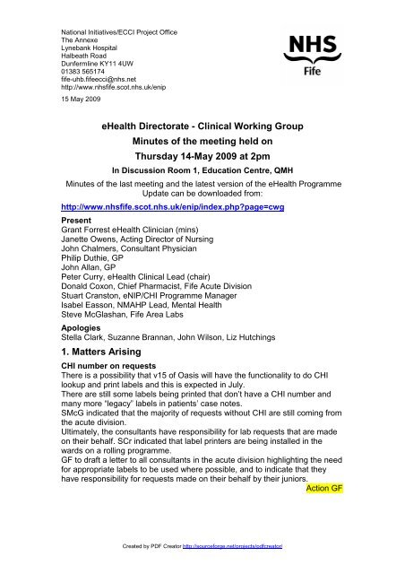 eHealth Directorate - Clinical Working Group Minutes of ... - NHS Fife