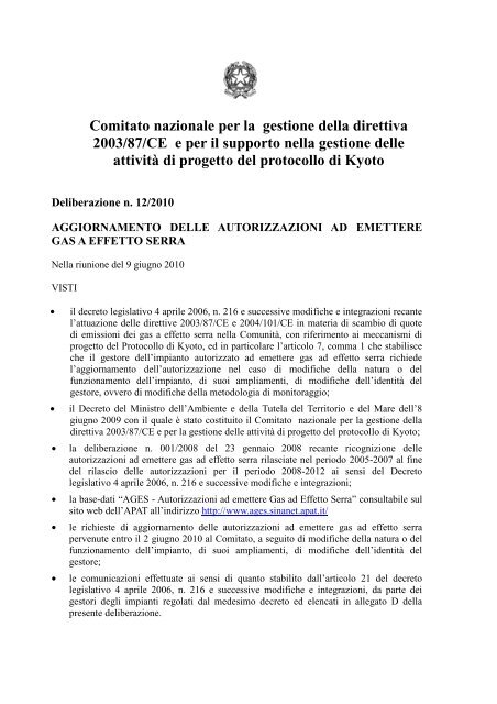 deliberazione n. 012/2010 (pdf, 136 KB) - Ministero dell'Ambiente e ...