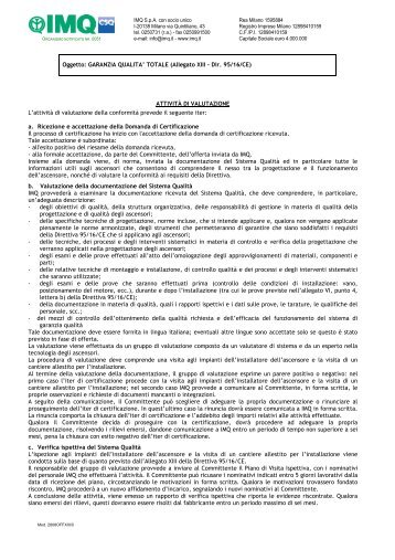 Direttiva Ascensori - Allegato XIII - Garanzia QualitÃ  Totale - Imq