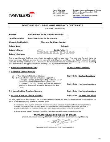 Sample New Home Warranty Certificate - Travelers Canada