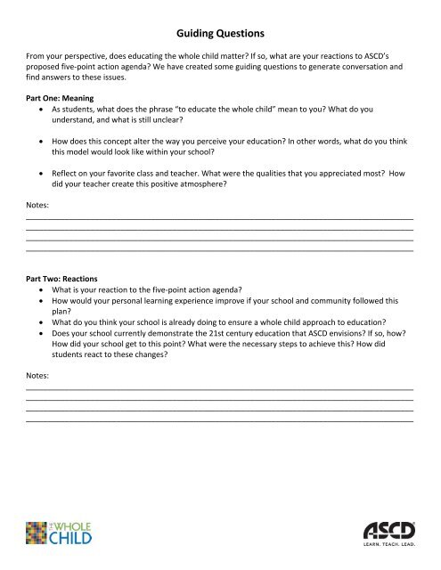 Guiding Questions Whole Child Education