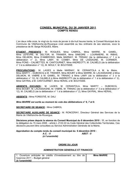 conseil municipal du 26 janvier 2011 - Villefranche-de-Rouergue