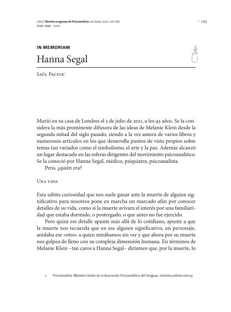 Hanna Segal - AsociaciÃ³n PsicoanalÃ­tica del Uruguay