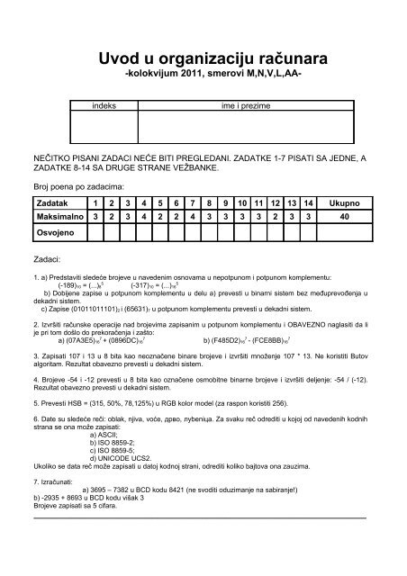 Uvod u organizaciju raÄunara - Ncd.matf.bg.ac.rs