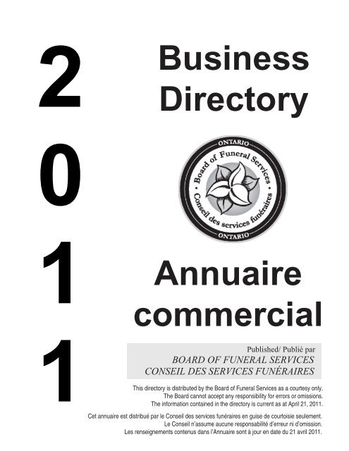 Business Directory Annuaire commercial Board of Funeral Services