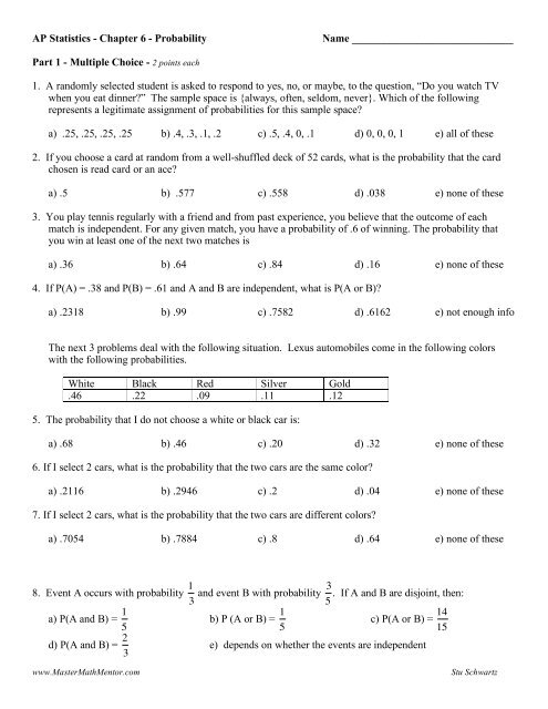 ap stats chapter 6 homework answers