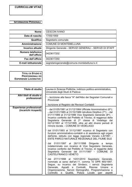Segretario Generale - Dr. Cescon Ivano - Curriculum Vitae