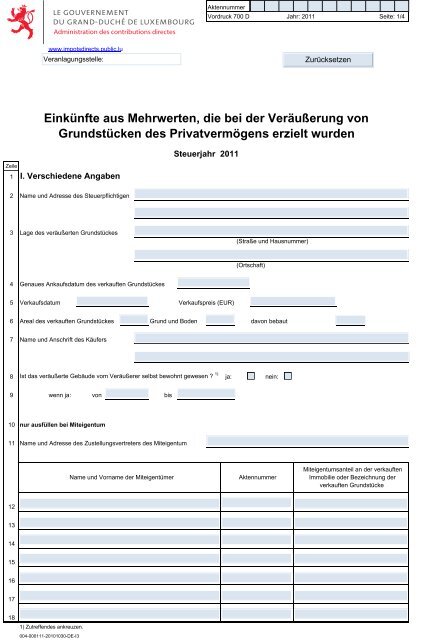 Vordruck 700 - Administration des contributions directes