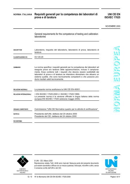 UNI CEI EN ISO/IEC 17025 - Requisiti generali per la competenza ...