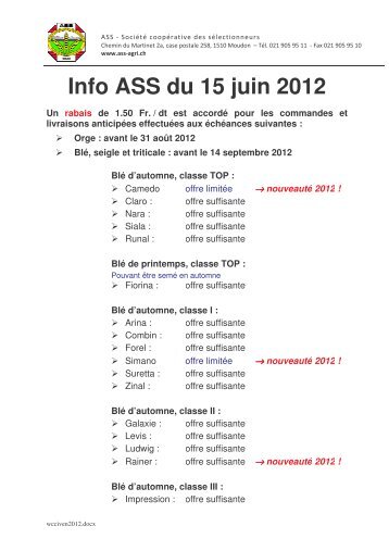 15 juin 2012 - ASS Société coopérative des sélectionneurs