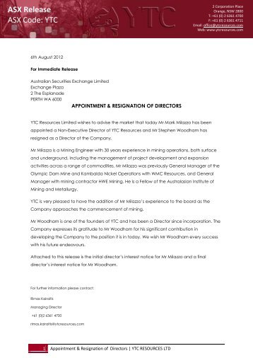 Appointment & Resignation of Directors - YTC Resources
